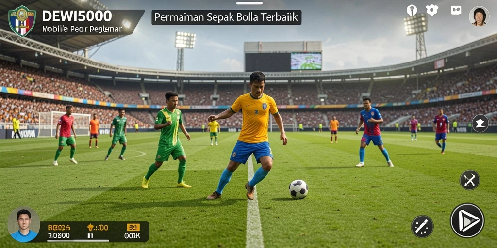 Screenshot gameplay DEWI5000 yang menunjukkan aksi seru dalam pertandingan sepak bola.