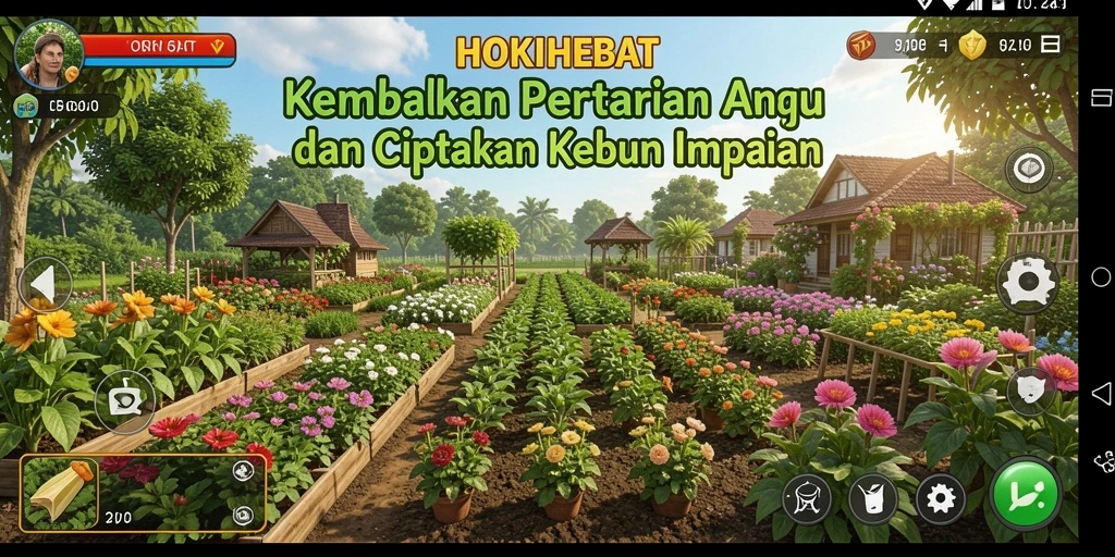Screenshot HOKIHEBAT menampilkan suasana pertanian yang ceria dan interaktif.