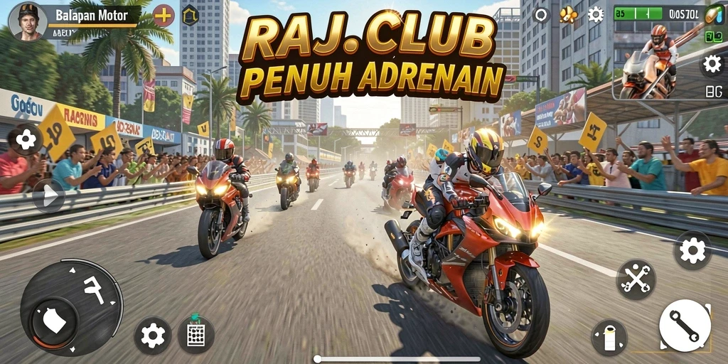 Screenshot menampilkan aksi balapan motor yang mendebarkan di RAJACLUB.