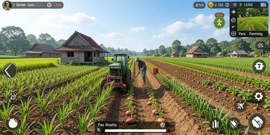 Tampilan gameplay RK55 yang menampilkan aktivitas bertani yang seru.